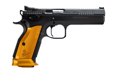CZ-USA 91266 TS 2  9MM LUGER 20+1 5.28" STAINLESS BULL BARREL, BLACK SERRATED STEEL SLIDE, BLACK POLYCOAT STEEL FRAME W/BEAVERTAIL, ORANGE CHECKERED ALUMINUM GRIP