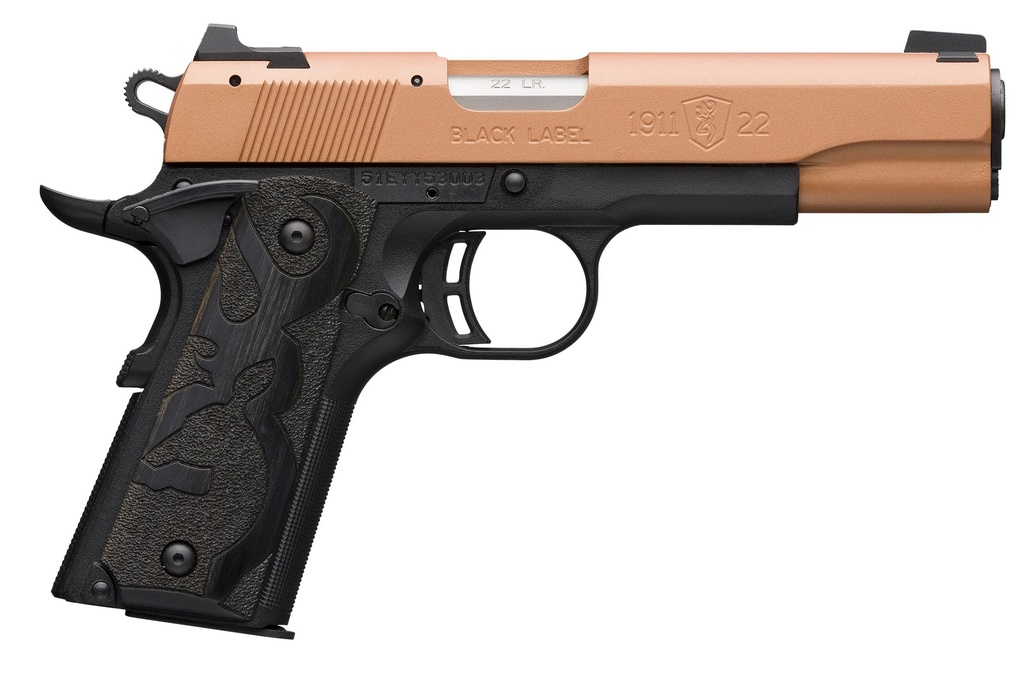 BROWNING 051895490 1911 BLACK LABEL FULL SIZE FRAME 22 LR 10+1, 4.25" MATTE STAINLESS STEEL BARREL, COPPER CERAKOTE SERRATED SLIDE, MATTE BLACK POLYMER FRAME W/BEAVERTAIL, BLACK LAMINATE WOOD GRIP