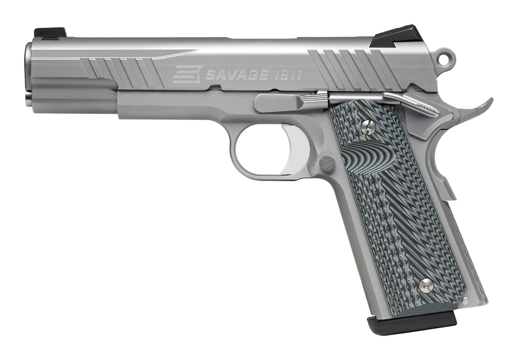 SAVAGE ARMS 67202 1911 GOVERNMENT 45 ACP 8+1 5" STAINLESS STEEL TARGET CROWN BARREL, STAINLESS STEEL SERRATED SLIDE, MATTE STAINLESS STEEL FRAME W/BEAVERTAIL, AMBIDEXTROUS