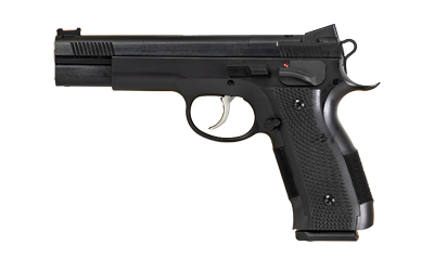 CZ-USA 91732 A01-SD  9MM LUGER 19+1 4.93" BLUED MATCH GRADE BULL BARREL, BLUED OPTIC READY/SERRATED STEEL SLIDE, BLUED STEEL FRAME W/BEAVERTAIL, BLACK CHECKERED POLYMER GRIP