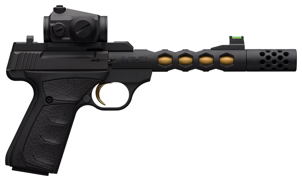 BROWNING 051582490 BUCK MARK VISION SR 22 LR 10+1 5.90" BLACK ANODIZED/GOLD CERAKOTE PORTED THREADED BARREL, MATTE BLACK SERRATED SLIDE & ALUMINUM FRAME,  VORTEX CROSSFIRE RED DOT