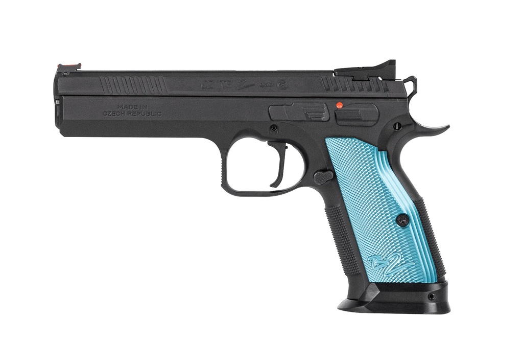 CZ-USA 91222 TS 2  40 S&W 17+1 5.28" BLACK STEEL BARREL, BLACK SERRATED STEEL SLIDE, BLACK POLYCOAT STEEL FRAME W/BEAVERTAIL, BLUE CHECKERED ALUMINUM GRIP, AMBIDEXTROUS