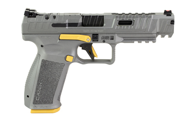 CANIK HG6610TN SFX RIVAL FULL SIZE 9MM LUGER 18+1, 5" BLACK STEEL BARREL, RIVAL GRAY PORTED/SERRATED SLIDE, RIVAL GRAY W/GOLD ACCENTS POLYMER FRAME W/BEAVERTAIL & PICATINNY RAIL, AMBIDEXTROUS