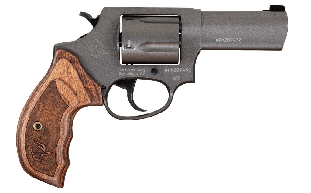 TAURUS 2-6053CNS 605 DEFENDER SMALL 357 MAG/38 SPECIAL +P 5 SHOT 3" TUNGSTEN GRAY CERAKOTE STAINLESS STEEL BARREL, CYLINDER & FRAME, ALTAMONT WOOD GRIP, TRANSFER BAR SAFETY, EXPOSED HAMMER