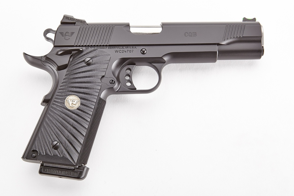 WILSON COMBAT CQBFS45A CQB  FULL SIZE FRAME 45 ACP 8+1 5" MATCH GRADE BARREL, BLACK SERRATED CARBON STEEL SLIDE, BLACK ARMOR-TUFF CARBON STEEL FRAME W/BEAVERTAIL, BLACK G10 STARBURST GRIP