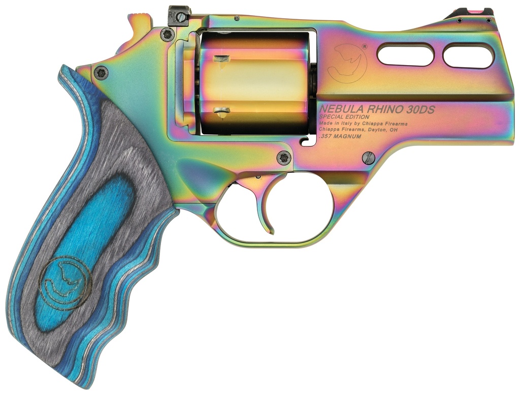 CHIAPPA FIREARMS 340319 RHINO 30DS NEBULA 357 MAG 6 SHOT, 3" RAINBOW PVD STEEL VENT RIB BARREL & CYLINDER, RAINBOW PVD ALUMINUM FRAME, BLUE LAMINATE, GRIP EXPOSED HAMMER