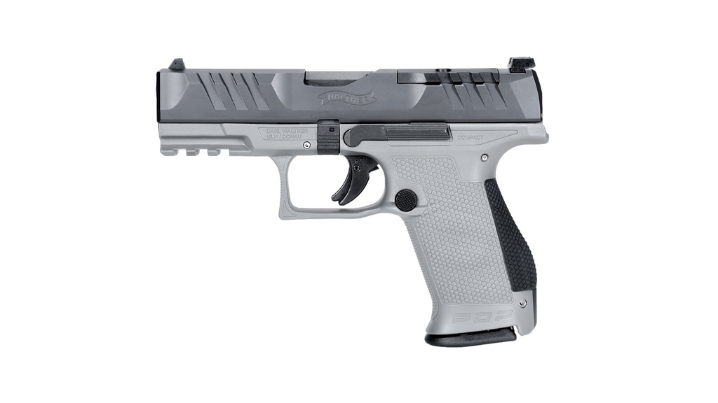WALTHER ARMS 2858436 PDP  COMPACT FRAME 9MM LUGER 15+1 4" BLACK STEEL BARREL, BLACK OPTIC READY/SERRATED STEEL SLIDE, GRAY POLYMER FRAME W/PICATINNY RAIL, TEXTURED POLYMER GRIP, AMBIDEXTROUS