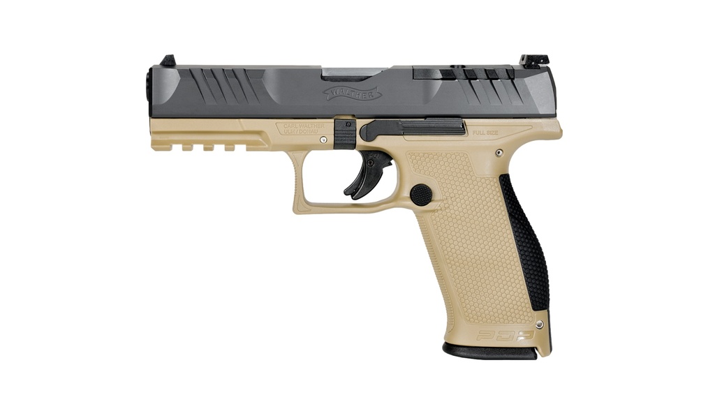 WALTHER ARMS 2858380 PDP  9MM LUGER 18+1 4.50" BLACK POLYGONAL RIFLED BARREL, BLACK OPTIC READY/SERRATED SLIDE, TAN POLYMER FRAME W/PICATINNY RAIL, BLACK PERFORMANCE DUTY TEXTURE GRIPS, AMBIDEXTROUS