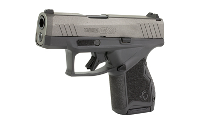 TAURUS 1-GX4M93C GX4 MICRO-COMPACT 9MM LUGER CALIBER WITH 3.06" BARREL, 11+1 CAPACITY, BLACK FINISH FRAME, SERRATED TUNGSTEN GRAY CERAKOTE STEEL SLIDE &  INTERCHANGEABLE BACKSTRAP GRIP INCLUDES 2 MAGS