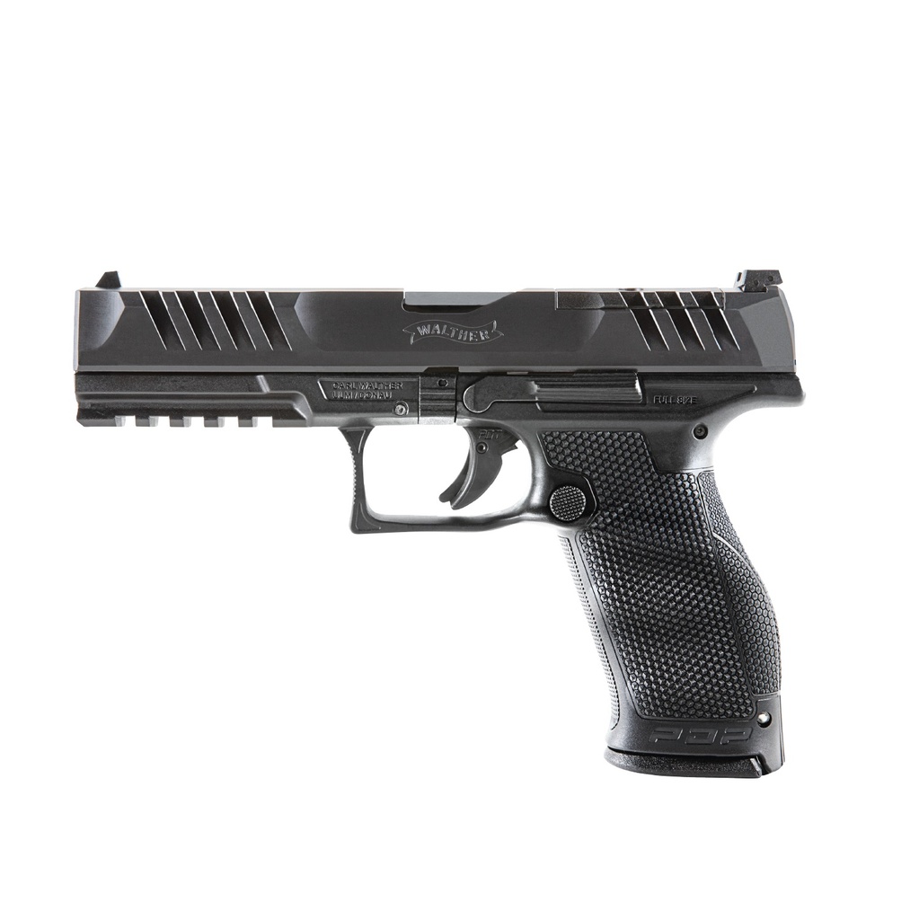 WALTHER ARMS 2858134 PDP OPTIC READY 9MM LUGER CALIBER WITH 5" BARREL, 10+1 CAPACITY, BLACK FINISH PICATINNY RAIL FRAME, SERRATED/OPTIC CUT BLACK STEEL SLIDE & PERFORMANCE DUTY TEXTURED POLYMER GRIP