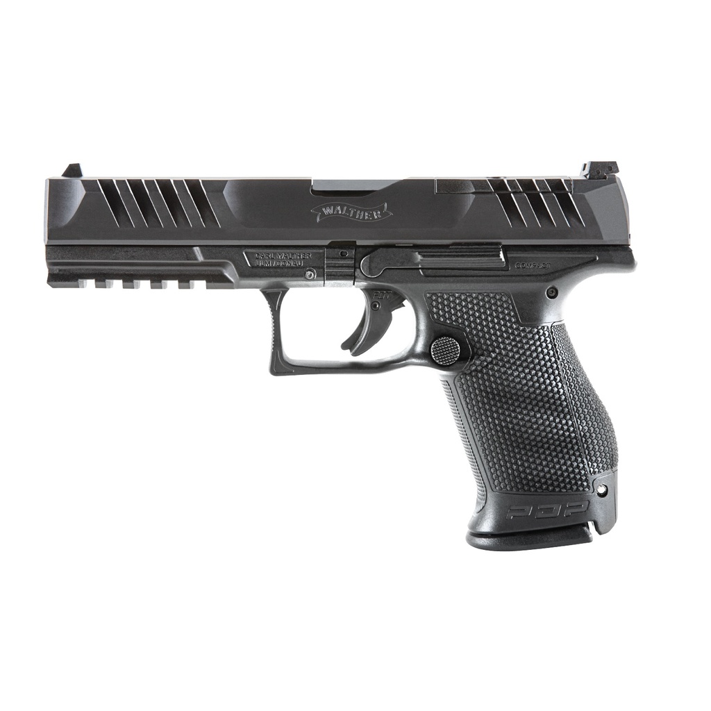 WALTHER ARMS 2858169 PDP  COMPACT FRAME 9MM LUGER 10+1 5" BLACK STEEL BARREL, BLACK OPTIC READY/SERRATED STEEL SLIDE, BLACK POLYMER FRAME W/PICATINNY RAIL, TEXTURED POLYMER GRIP, AMBIDEXTROUS