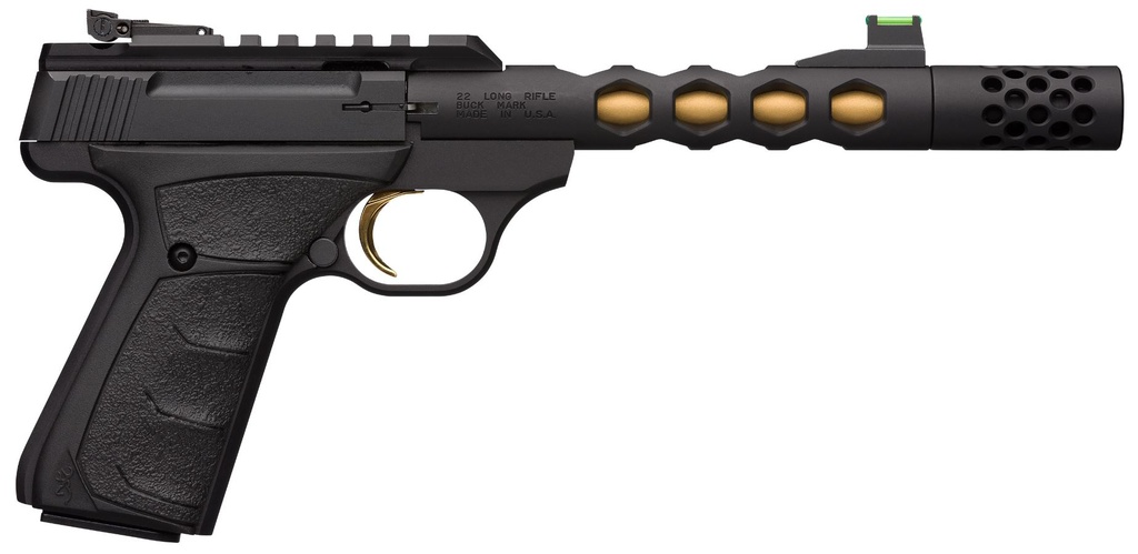 BROWNING 051573490 BUCK MARK PLUS VISION SR 22 LR 10+1 5.87" BLACK ANODIZED/GOLD CERAKOTE/SR/THREADED BARREL, MATTE BLACK SERRATED STEEL/OPTIC READY SLIDE & ALUMINUM FRAME BLACK ULTRAGRIP FX GRIP