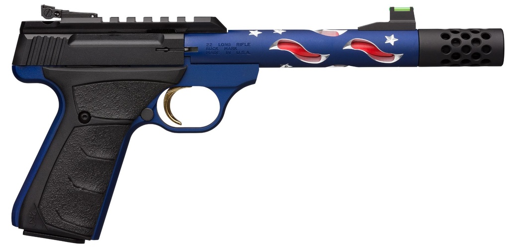 BROWNING 051572490 BUCK MARK PLUS SR 22 LR 5.87" VISION MB 10+1 BLUE ANODIZED MATTE BLACK ALUMINUM SLIDE BLACK ULTRAGRIP FX GRIP (AMERICANA THEMED)