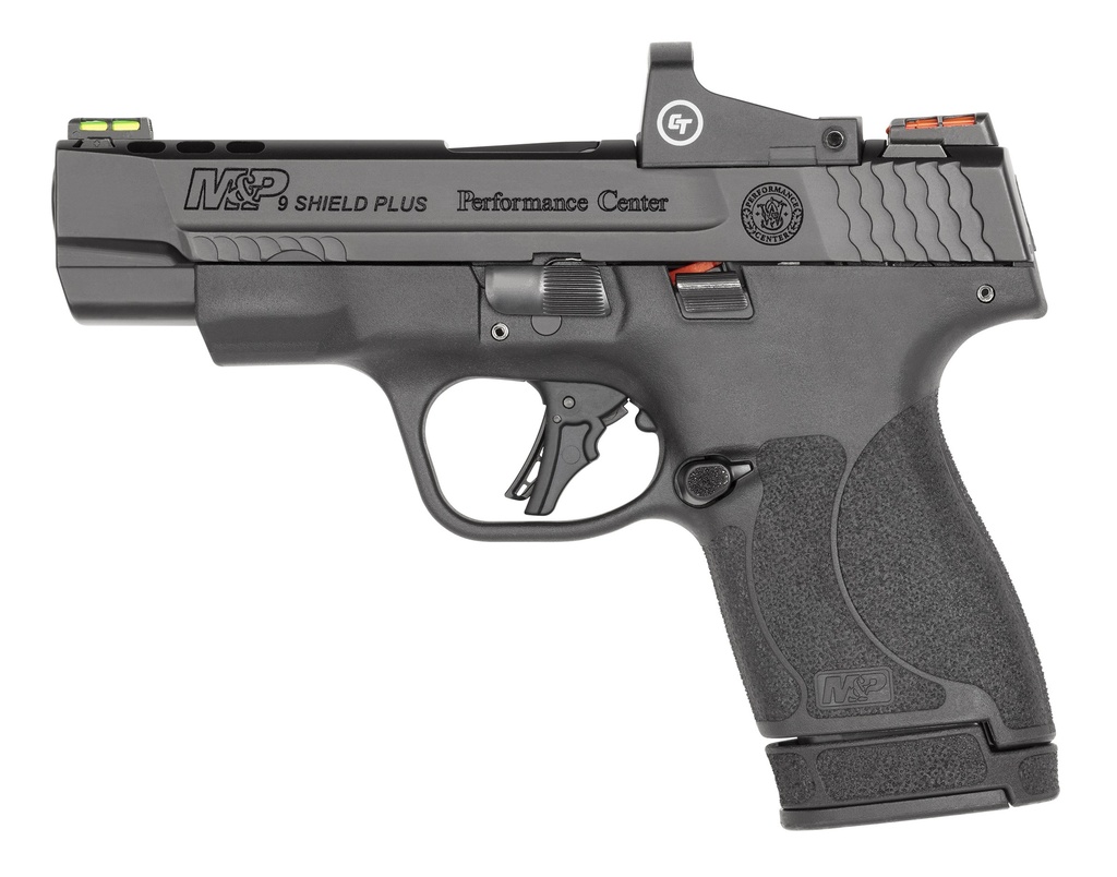 SMITH & WESSON 13253 PERFORMANCE CENTER M&P SHIELD PLUS 9MM LUGER 4" PORTED 10+1,13+1 BLACK MATTE BLACK ARMORNITE STAINLESS STEEL PORTED SLIDE BLACK POLYMER GRIP (NO MANUAL) CRIMSON TRACE RED DOT