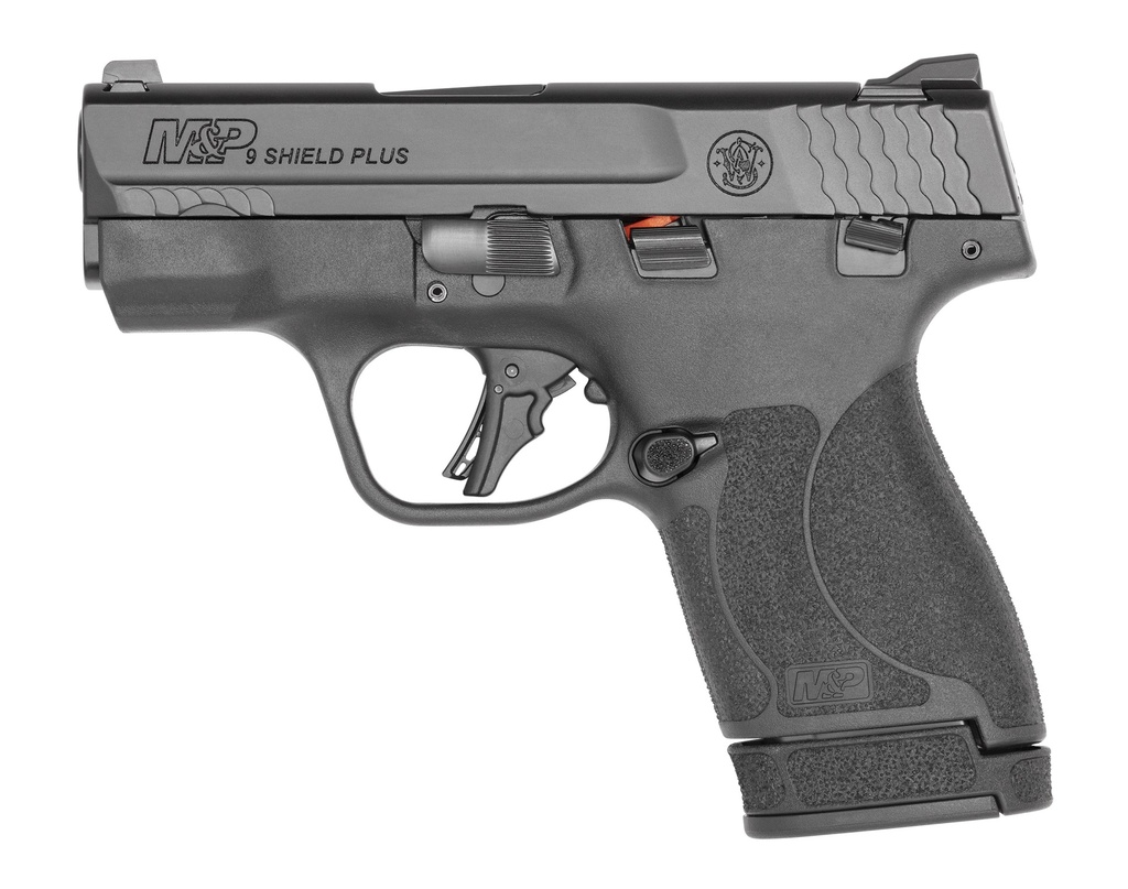 SMITH & WESSON 13246 M&P SHIELD PLUS MICRO-COMPACT FRAME 9MM LUGER 13+1, 3.10" BLACK ARMORNITE STAINLESS STEEL BARREL & SERRATED SLIDE, MATTE BLACK POLYMER FRAME,  THUMB SAFETY