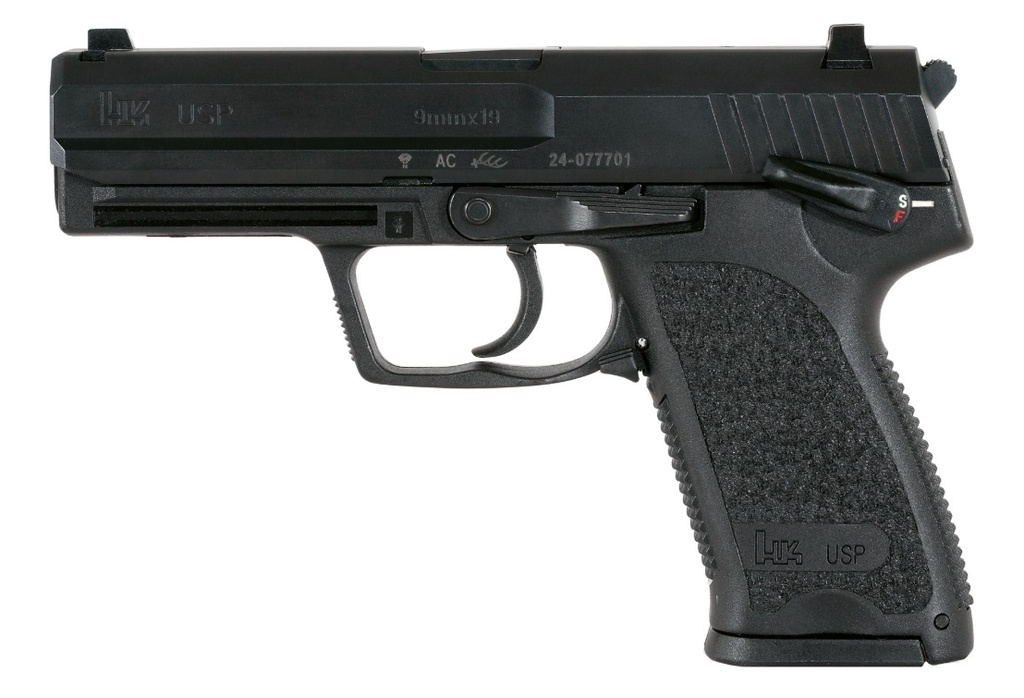 HK 81000309 USP V1 SA/DA 9MM LUGER CALIBER WITH 4.25" BARREL, 10+1 CAPACITY, OVERALL BLACK FINISH, SERRATED TRIGGER GUARD FRAME, SERRATED STEEL SLIDE & POLYMER GRIP INCLUDES 2 MAGS