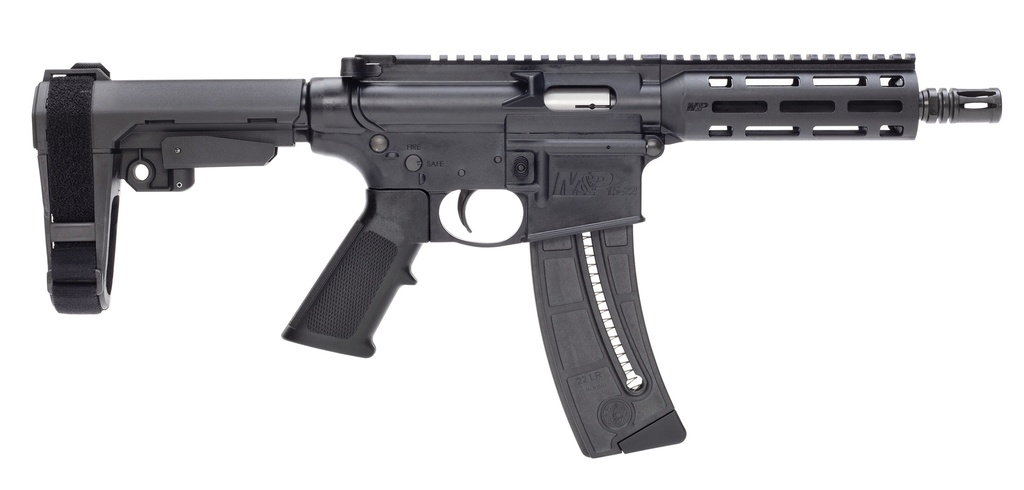SMITH & WESSON 13321 M&P15  PISTOL 22 LR 8" BLACK CARBON STEEL BARREL 25+1, BLACK SB TACTICAL SBA3 ADJUSTABLE ARM BRACE STOCK, BLACK MAGPUL MOE GRIP, MANUAL SAFETY, OPTICS READY