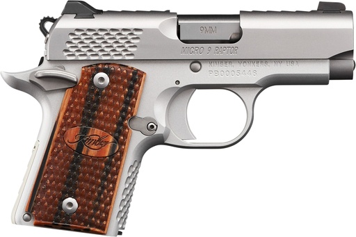 [669278331096] KIMBER MFG.,INC 3300109 MICRO 9 STAINLESS RAPTOR 9MM 6+1 3.15" STAINLESS STEEL SLIDE KIMPRO SILVER ZEBRAWOOD WITH SCALE PATTERN AND KIMBER LOGO GRIP