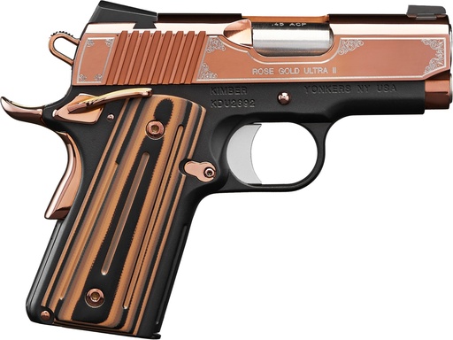 [669278323725] KIMBER MFG, INC 3200372 ULTRA II  9MM LUGER 8+1 3" STAINLESS MATCH GRADE BARREL, ENGRAVED ROSE GOLD PVD SERRATED STAINLESS STEEL SLIDE, KIMPRO II BLACK ALUMINUM FRAME W/BEAVERTAIL, G10 GRIP