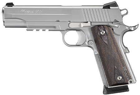 [798681437146] SIG SAUER 1911R45SSSCA 1911 FULL SIZE *CA COMPLIANT 45 ACP CALIBER WITH 5" BARREL, 8+1 CAPACITY, OVERALL STAINLESS STEEL FINISH, PICATINNY RAIL/BEAVERTAIL FRAME, SERRATED SLIDE & BLACKWOOD GRIP