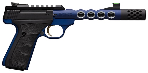 [023614742517] BROWNING 051562490 BUCK MARK PLUS 22 LR 10+1 5.90" VISION, THREADED W/SAWTOOTH CUTS BARREL, MATTE BLACK OPTIC READY/SERRATED STEEL SLIDE, BLUE ANODIZED ALUMINUM BLACK ULTRAGRIP FX GRIPS