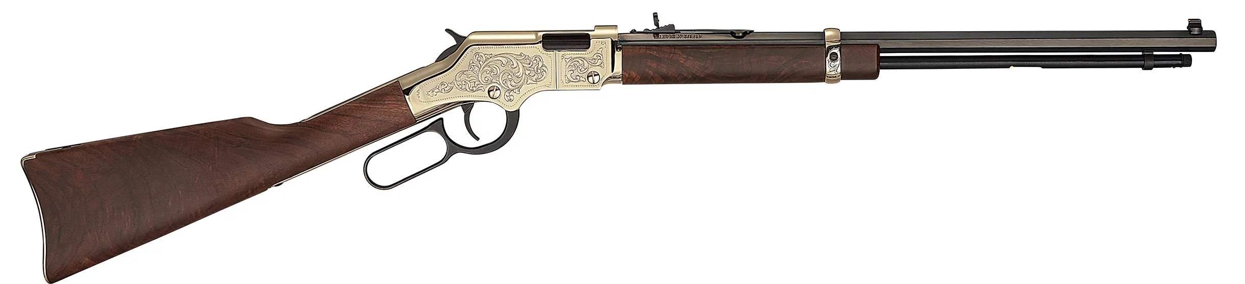 HENRY H004MD4 GOLDEN BOY DELUXE 4TH EDITION 22 WMR 12+1 20.50" BLUED OCTAGON BARREL, ENGRAVED BRASSLITE REC, AMERICAN WALNUT STOCK, AD. BUCKHORN SIGHTS